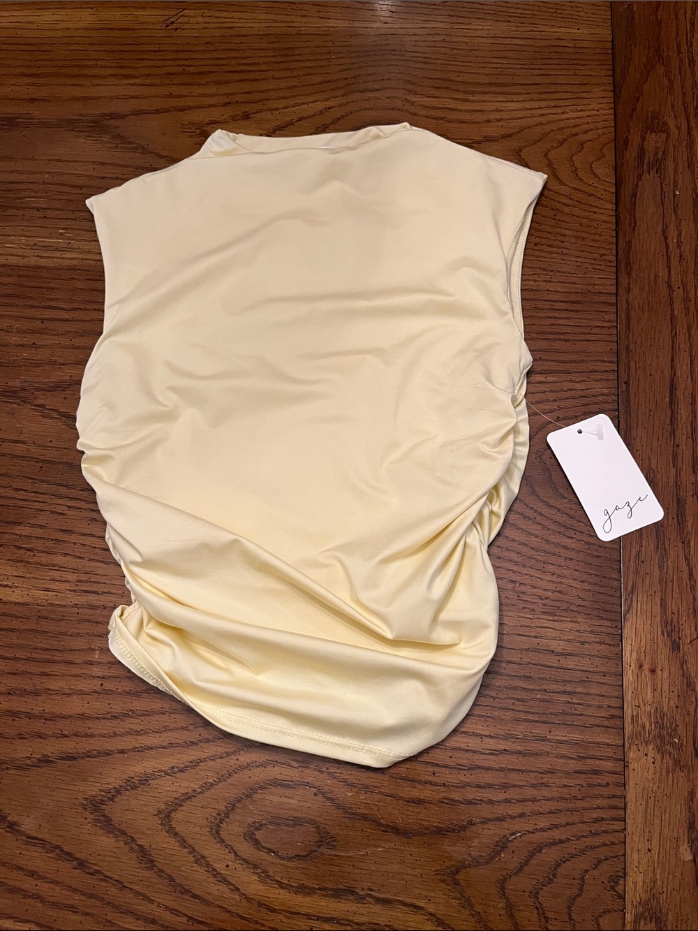 gaze Light Yellow Ruched Side Mock Neck Top, size medium, new with tags